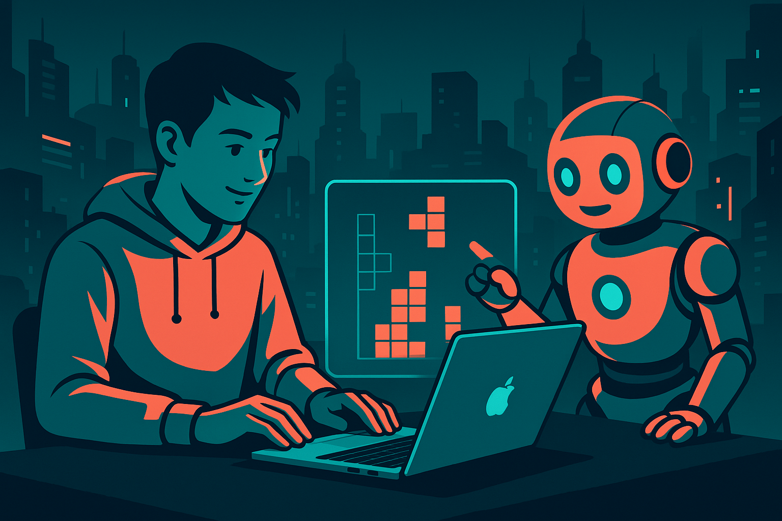 Mockup of AI chat interface discussing Tetris development